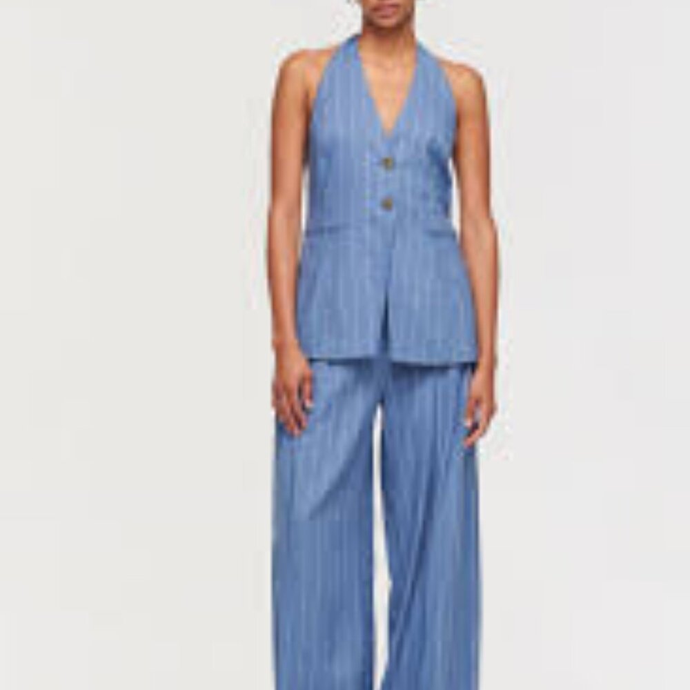 Aligne Mood Halter Neck Vest Waistcoat in Blue Stripe | UK 12 (U.S. 8)